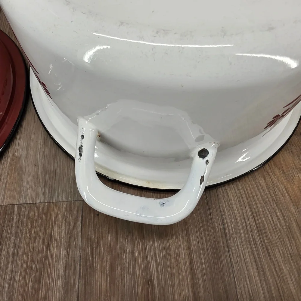 Vintage Floral Enamelware Stock Pot White Brown 24cm Retro Dutch Oven with Lid
